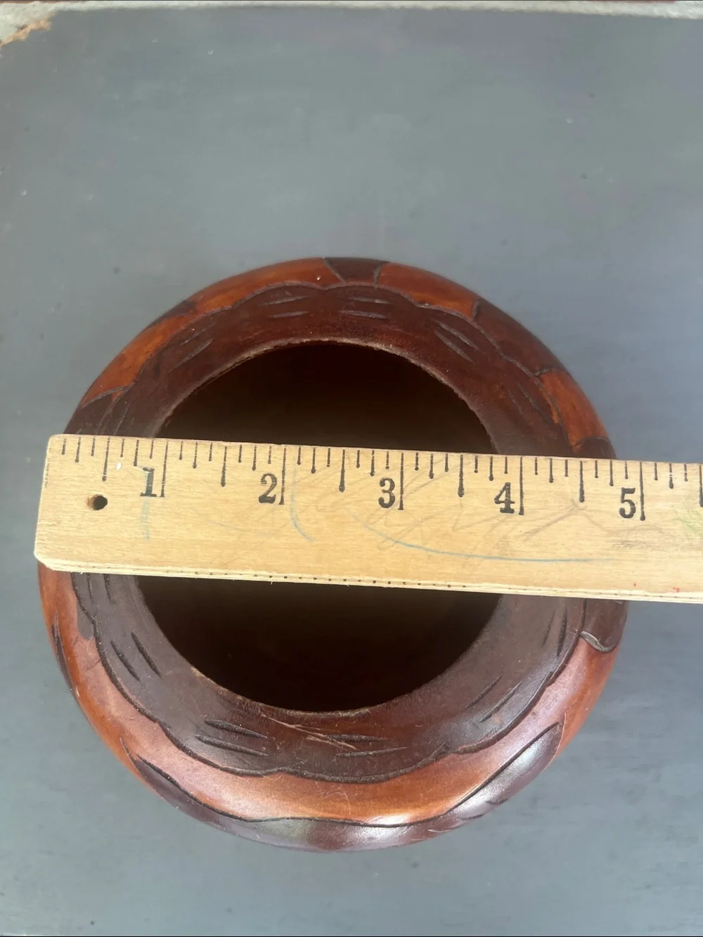 Vintage Hand-Carved Turned Wood Bowl Warm Brown Finish with Fish & Floral Design